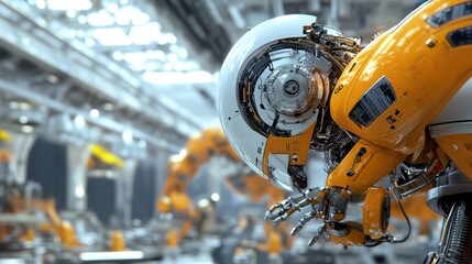 Fototapeta premium Robotic automation innovations factory technology showcase industrial environment close-up view future concepts in manufacturing