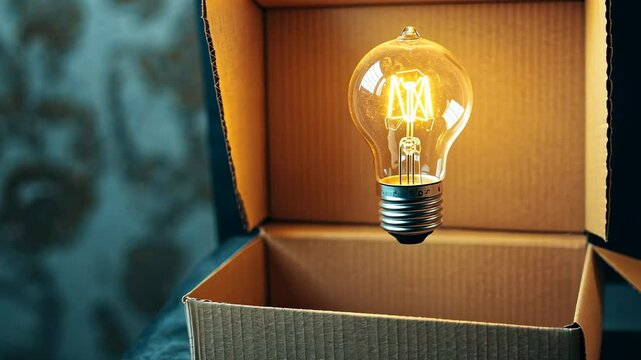 Glowing light bulb in an open cardboard box, concept of creativity and innovation
