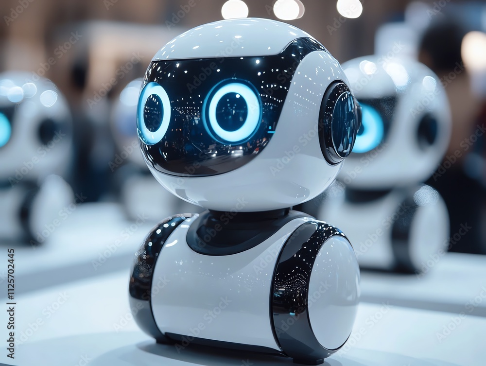 Poster a cute robot with glowing eyes, designed for interaction and engagement.
