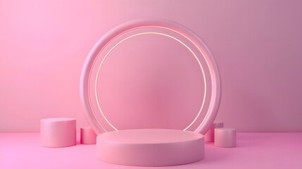 Pink Cylinder Podium with Large Circle and Two Small Cylinders in the Front.