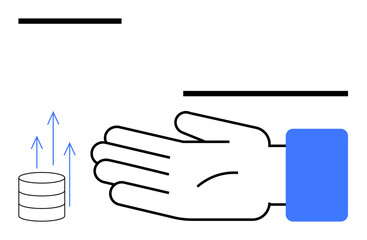 Open hand with a blue cuff, stack of coins with ascending arrows. Ideal for finance, support, growth, investments, donations, charity assistance. Line metaphor