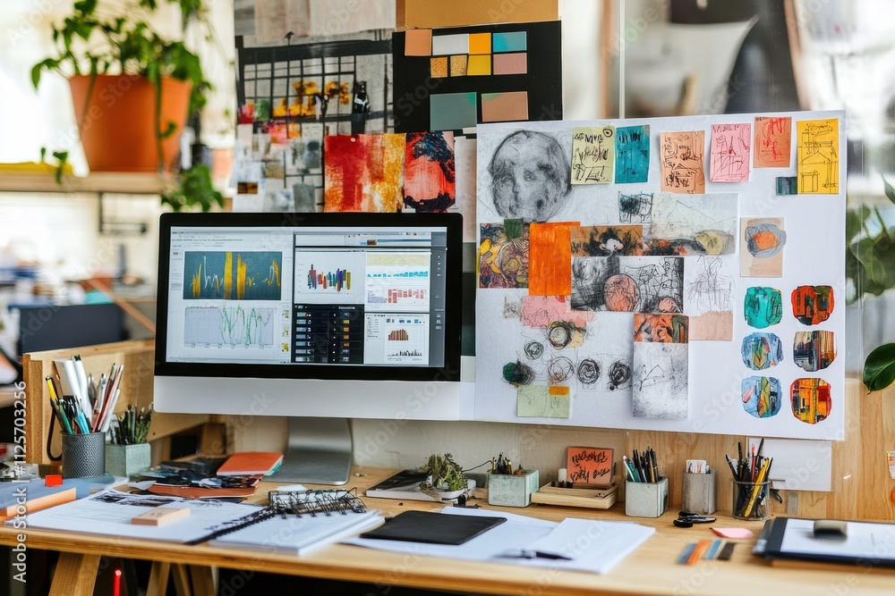 Aufkleber a minimalist workspace reveals a blend of creative displays and organized artistic materials, foster
