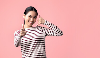 Call Me. Cheerful Young Asian Lady With Hand Near Ear Imitating Phone And Pointing At Camera,...