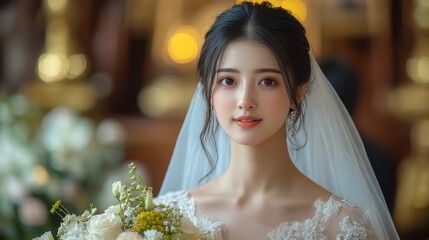 Naklejka premium Beautiful Bride with Flower Bouquet in Soft Natural Light Portrait