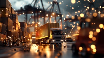 Fototapeta premium Industrial transport action container trucking at busy port urban setting dynamic viewpoint logistics efficiency concept