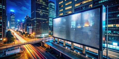 Fototapeta premium LED Screen Building Night Cityscape - Empty Digital Billboard, Dark City Street, Night Photography, Urban Architecture, Blank Display