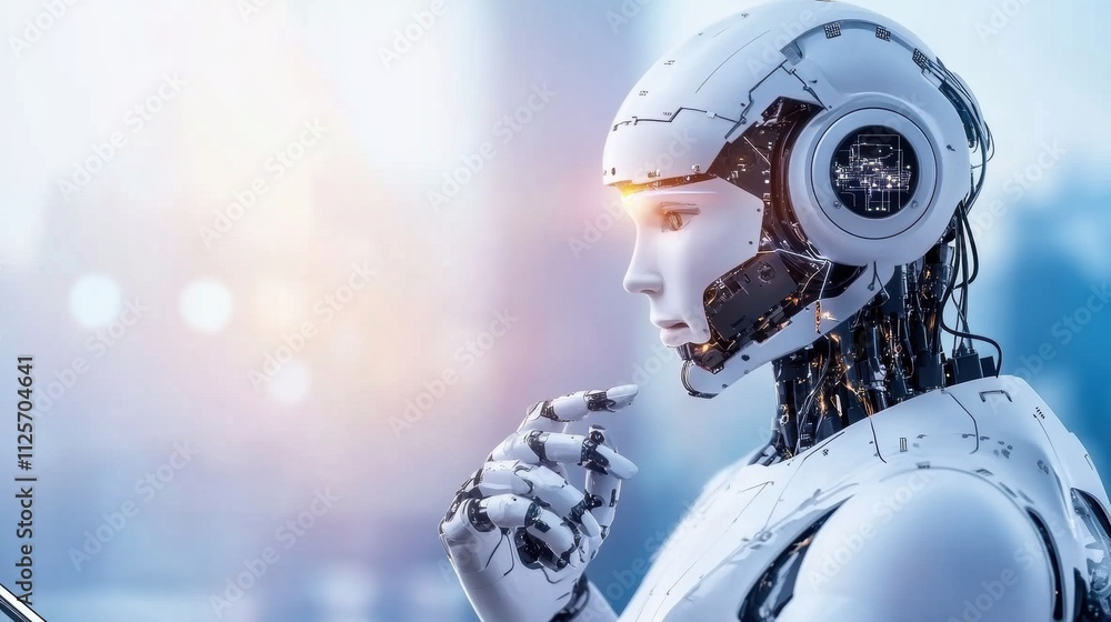 Poster artificial intelligence robot contemplating future innovations in technology urban environment digit