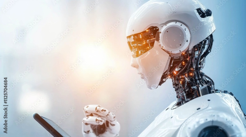 Poster innovative robot interacting with tablet futuristic lab technology imagery digital environment close