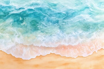 Fototapeta premium A serene watercolor depiction of ocean waves gently lapping onto a sandy beach.