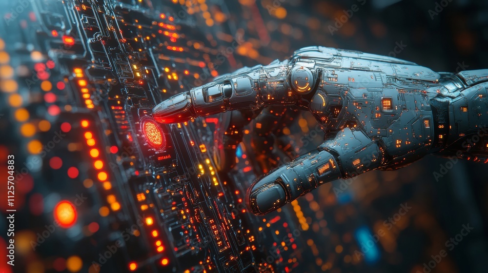 Poster futuristic robotic hand interacting with digital circuitry interface