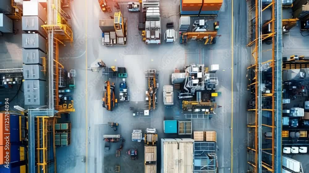 Poster busy logistics hub features forklifts transporting cargo containers, efficiently coordinating loadin
