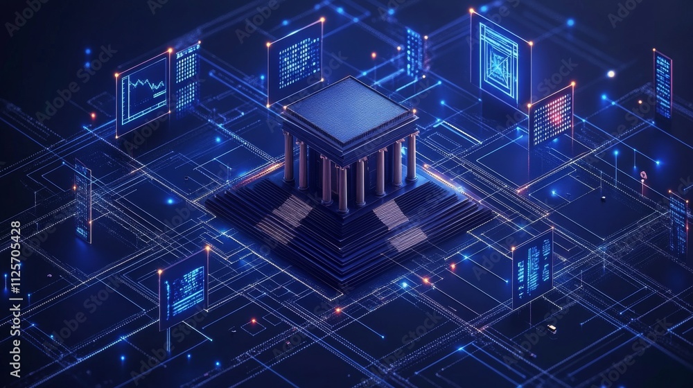 Poster digital concept of ancient temple with technology interface elements