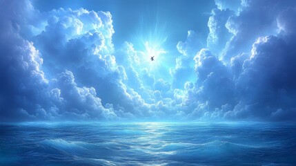 Surreal scene of a person flying above the clouds, inspired by the dream of limitless possibilities and aspirations, capturing the sense of adventure and ambition.