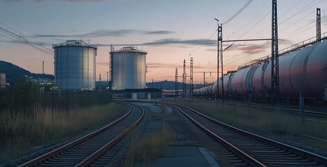 Obraz premium Serene twilight view of industrial railway lines converging towards massive storage tanks, against a picturesque sunset backdrop.