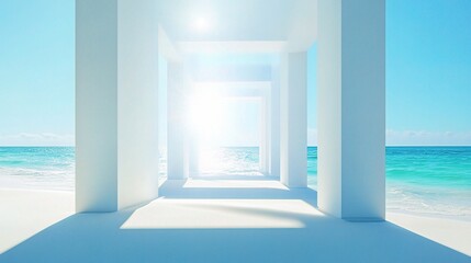 Bright Summer Beach View Through White Corridors by Ocean