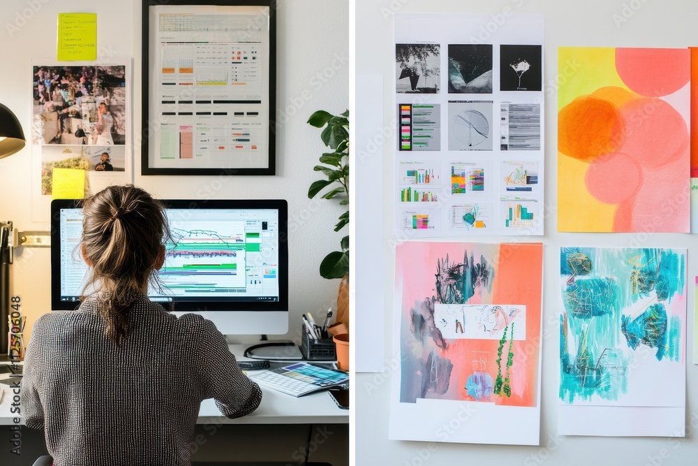 Poster A person works at a minimalist desk with a computer while vibrant artistic pieces hang on the wall, creating a blended environment for creativity. Generative AI