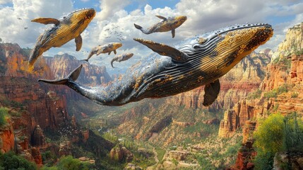A surreal 3D render of whales flying in the sky above vast mountain ranges, reflecting the internal struggle of isolation and anxiety, creating a powerful emotional narrative.