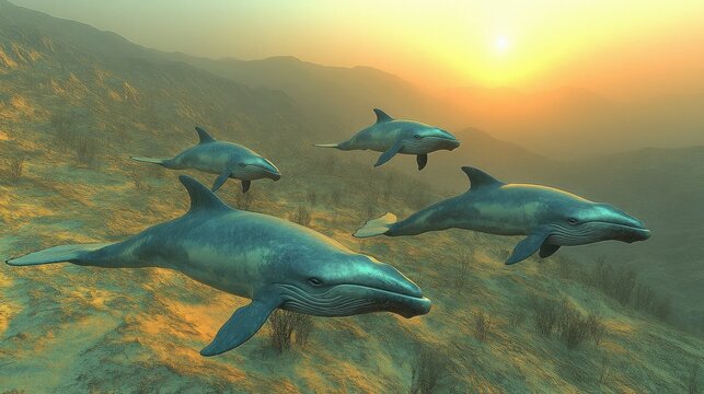 Surreal whales soaring over mountains in a 3D render, capturing the essence of isolation and anxiety through a dreamlike and emotionally intense visual experience.
