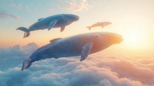 A surreal 3D image of whales flying through a cloudy sky above mountains, symbolizing deep emotions of anxiety and isolation, illustrating an abstract and introspective journey.
