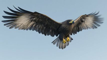 Obraz premium Eagle in Flight: A majestic eagle soars through the sky, wings outstretched, against a clear blue sky. The powerful bird symbolizes freedom, strength, and determination.