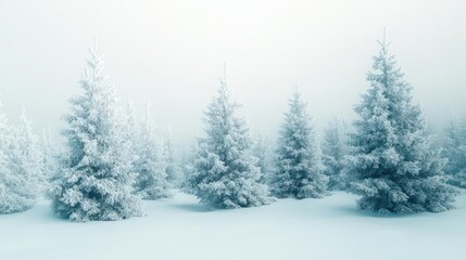 Fototapeta premium A serene winter landscape featuring snow-covered trees in a foggy atmosphere.