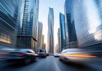 Obraz premium Dynamic cityscape with fast-moving traffic and modern skyscrapers. A sense of speed and urban energy is conveyed.
