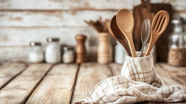 Wooden Kitchen Utensils on Rustic Table in Cozy Kitchen Setting