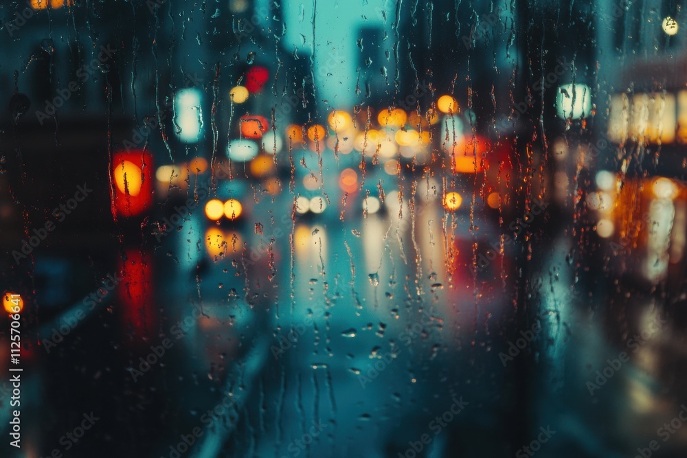 Poster raindrops fall on a window, revealing a tranquil street view with blurred streetlights capturing a p