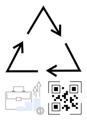 Recycling triangle with arrows, briefcase, ascending graph, coin, and QR code. Ideal for business sustainability, growth strategies, eco-friendly practices modern technology financial success. Line