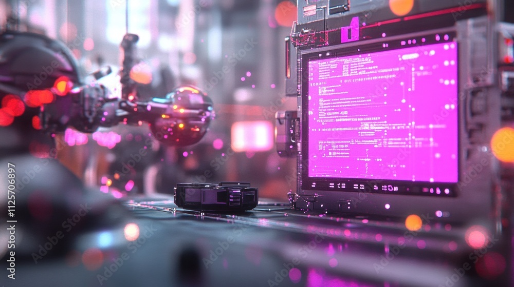 Poster innovative technology presentation modern workspace digital display high-tech environment close-up v