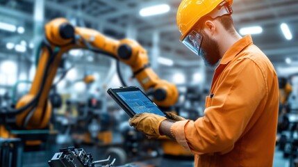 Industrial worker monitoring robotic arm operations in factory technology machinery indoor professional environment