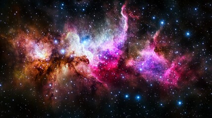 Obraz premium A dynamic cosmic landscape of glowing nebulas and distant galaxies. Abstract space background with vibrant colors and shimmering starlight patterns.