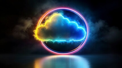 A vibrant neon light ring surrounds an abstract cloud in a dark night sky. This 3D render features a glowing circular frame, creating a surreal and futuristic design.