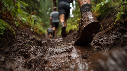Close up of muddy trail shoes on forest path, showcasing adventure and nature