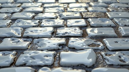 Fototapeta premium Rain-Soaked Cobblestone Street, Detailed Wet Stone Texture