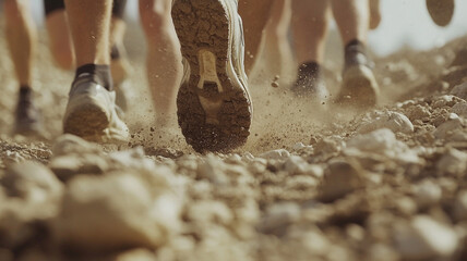 Close up of runners feet pounding on rocky trail, creating dust