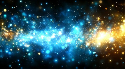 Obraz premium Contemporary abstract blue background with textured white transparent layers. Geometric patterns of triangles, diamonds, and squares create a visually striking effect.