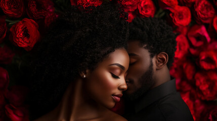 Romantic couple surrounded by red roses celebrating love on Valentine’s Day