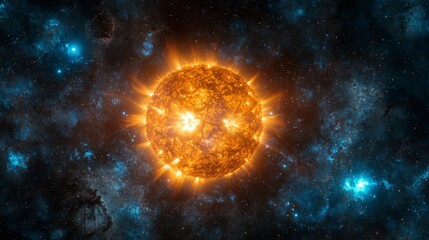 Obraz premium A stunning view of the sun from space, glowing intensely on a dark background. Radiant solar flares and light bursts create a dramatic and cosmic atmosphere.