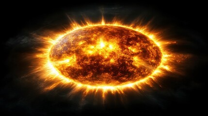 Naklejka premium The sun seen from space, radiating brilliant light against a dark background. Elements of solar flares and glowing edges emphasize its immense power.