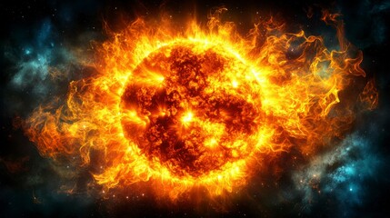 Obraz premium A celestial view of the sun in space, glowing intensely against a dark background. Elements of light bursts and flares showcase the starâ€™s dynamic energy.