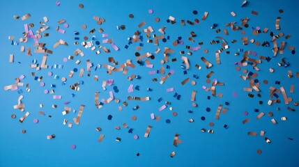 Cheerful confetti in vibrant shades cascading down on a smooth blue backdrop ideal for holiday cards party invitations or celebratory advertising designs