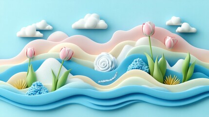 A colorful tulip composition with soft petals and delicate stems set against a dreamy pastel abstract background celebrating the beauty of nature in full bloom