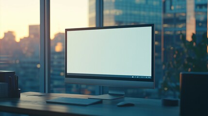 Fototapeta premium Modern Desktop Computer At Sunset City View