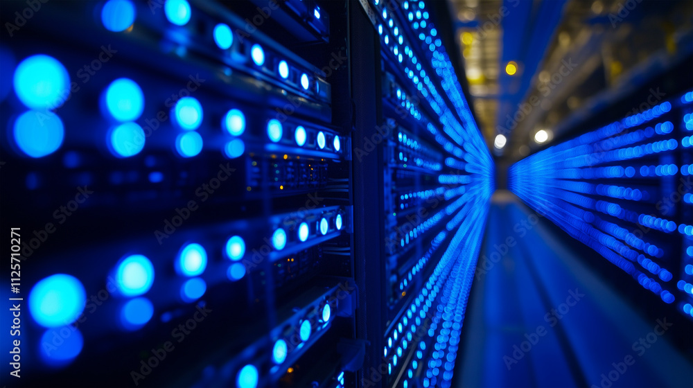 Poster highly realistic shot of a modern server room with rows of powerful computer servers and data storag