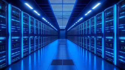 Modern Server Room with Blue Lighting