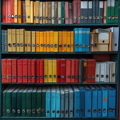 A colorful collection of organized binders and files on shelves.