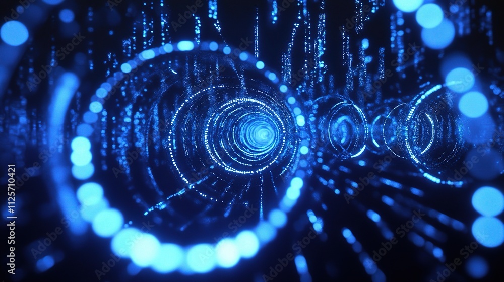 Poster glowing blue abstract circles and tech lines in digital space