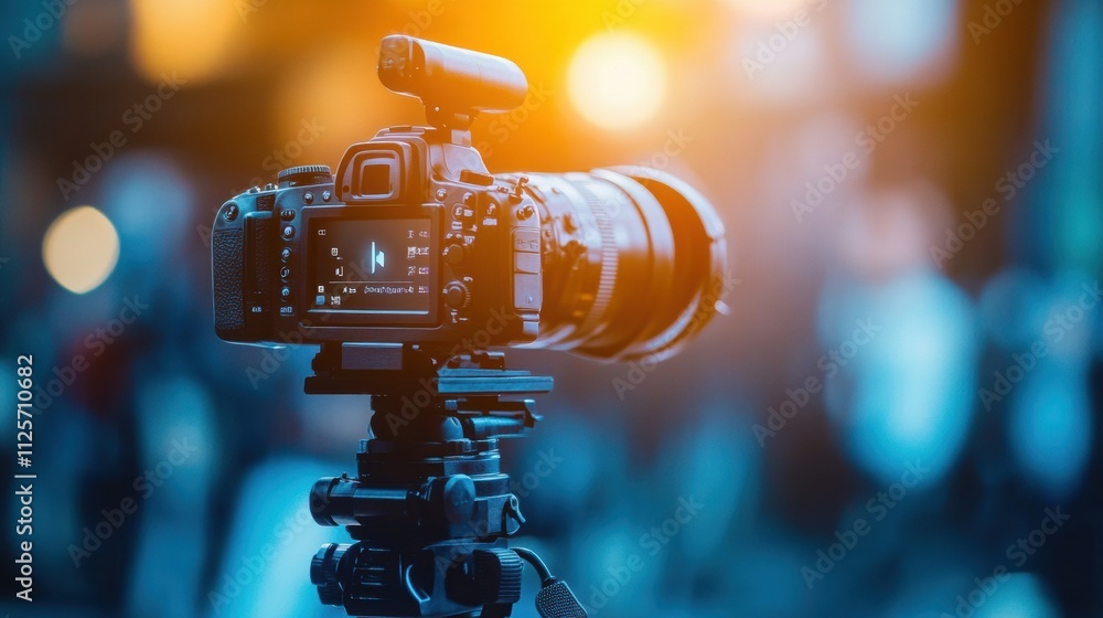 Aufkleber a television studio setup shows a camera capturing an interview, demonstrating advanced media techni