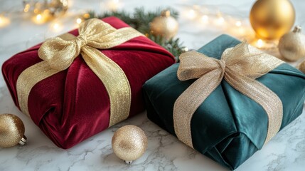 Two presents, one red and one green, are wrapped in gold and silver ribbons. Generative AI